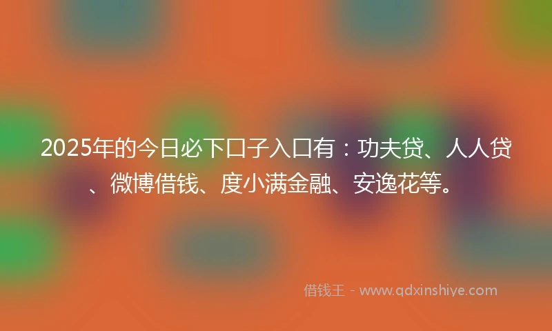 2025年的今日必下口子入口有：功夫贷、人人贷、微博借钱、度小满金融、安逸花等。
