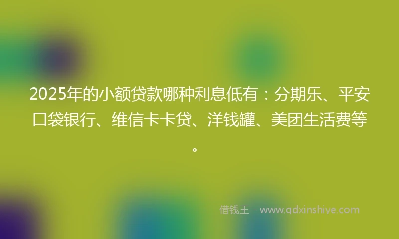 2025年的小额贷款哪种利息低有：分期乐、平安口袋银行、维信卡卡贷、洋钱罐、美团生活费等。