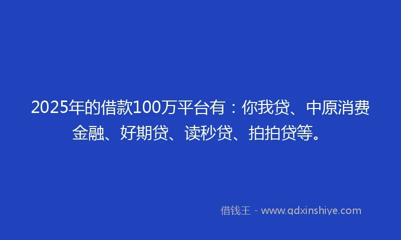 2025年的借款100万平台有：你我贷、中原消费金融、好期贷、读秒贷、拍拍贷等。