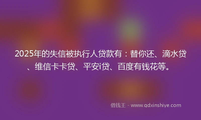 2025年的失信被执行人贷款有：替你还、滴水贷、维信卡卡贷、平安i贷、百度有钱花等。