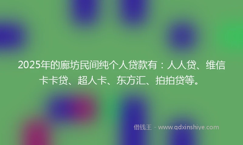 2025年的廊坊民间纯个人贷款有：人人贷、维信卡卡贷、超人卡、东方汇、拍拍贷等。