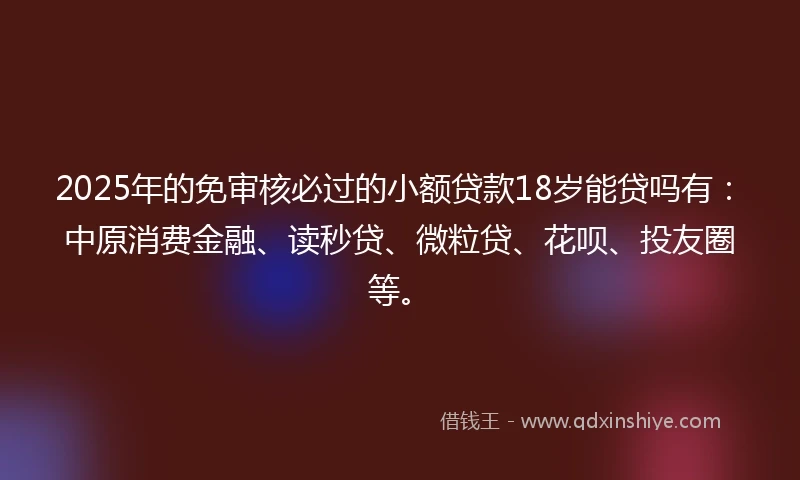 2025年的免审核必过的小额贷款18岁能贷吗有：中原消费金融、读秒贷、微粒贷、花呗、投友圈等。