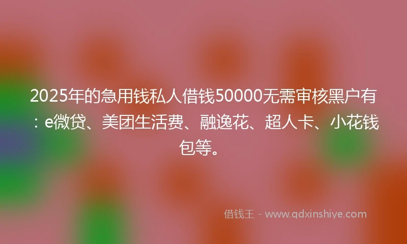 2025年的急用钱私人借钱50000无需审核黑户有：e微贷、美团生活费、融逸花、超人卡、小花钱包等。