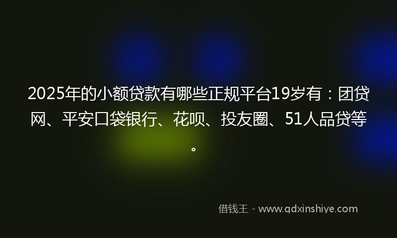 2025年的小额贷款有哪些正规平台19岁有：团贷网、平安口袋银行、花呗、投友圈、51人品贷等。