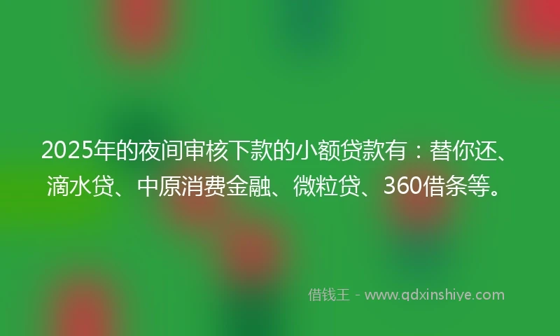 2025年的夜间审核下款的小额贷款有：替你还、滴水贷、中原消费金融、微粒贷、360借条等。