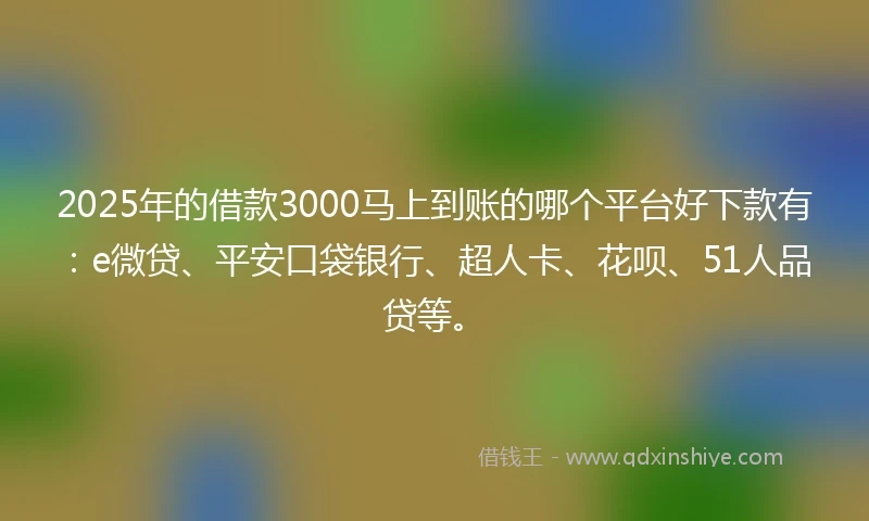 2025年的借款3000马上到账的哪个平台好下款有：e微贷、平安口袋银行、超人卡、花呗、51人品贷等。