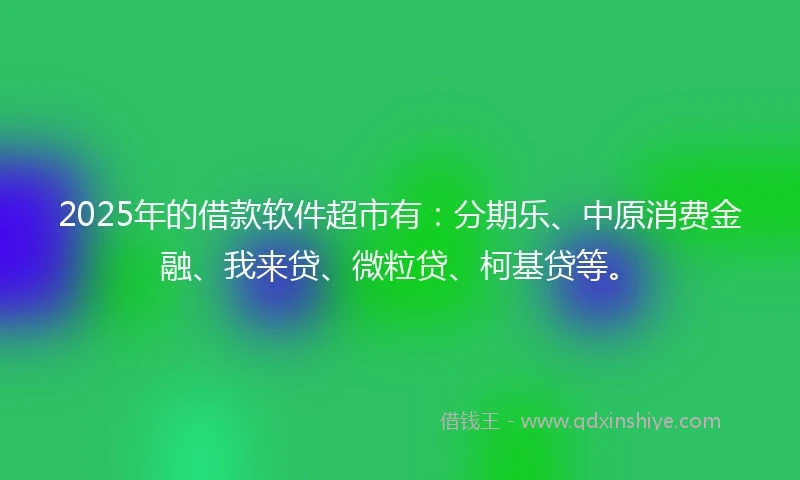 2025年的借款软件超市有：分期乐、中原消费金融、我来贷、微粒贷、柯基贷等。