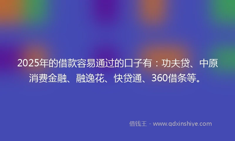 2025年的借款容易通过的口子有：功夫贷、中原消费金融、融逸花、快贷通、360借条等。
