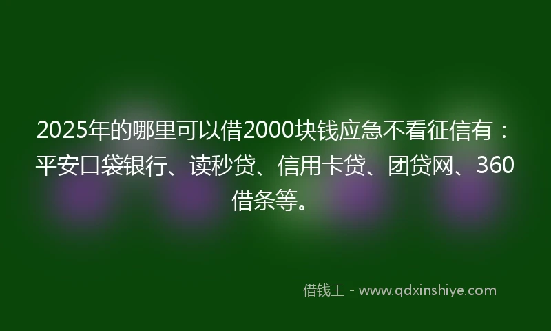 2025年的哪里可以借2000块钱应急不看征信有：平安口袋银行、读秒贷、信用卡贷、团贷网、360借条等。
