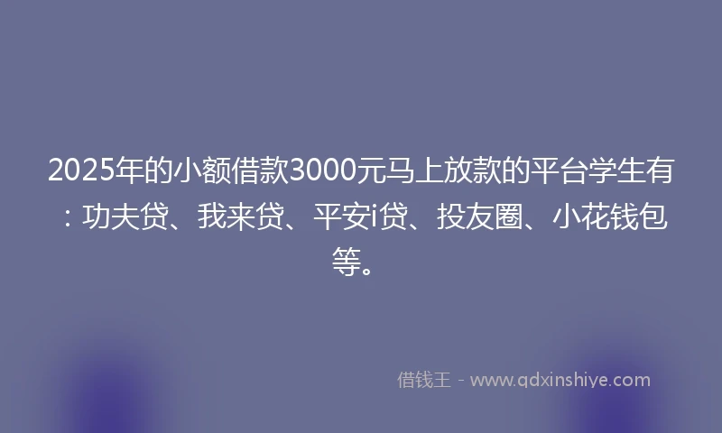 2025年的小额借款3000元马上放款的平台学生有：功夫贷、我来贷、平安i贷、投友圈、小花钱包等。