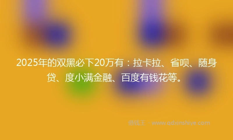 2025年的双黑必下20万有：拉卡拉、省呗、随身贷、度小满金融、百度有钱花等。