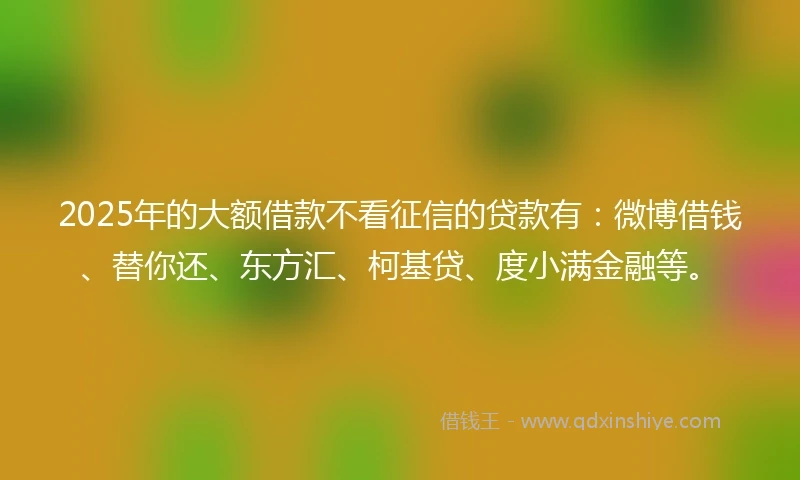 2025年的大额借款不看征信的贷款有：微博借钱、替你还、东方汇、柯基贷、度小满金融等。
