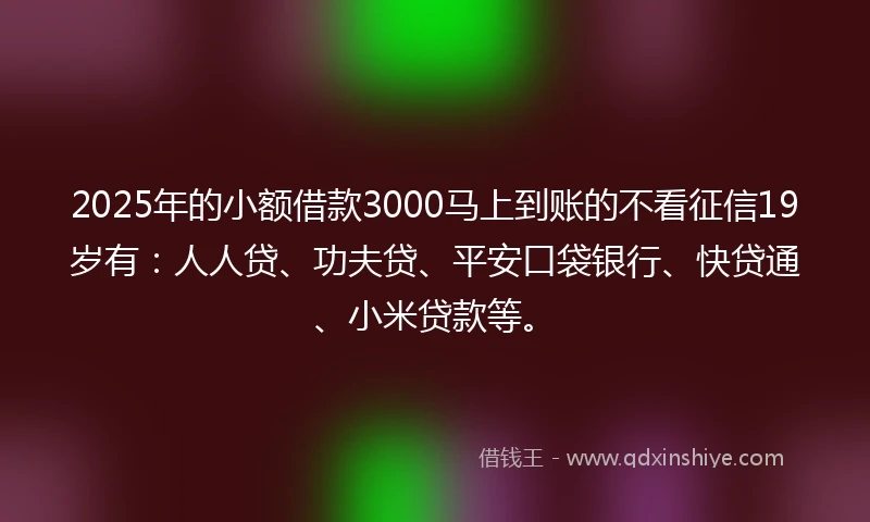 2025年的小额借款3000马上到账的不看征信19岁有：人人贷、功夫贷、平安口袋银行、快贷通、小米贷款等。