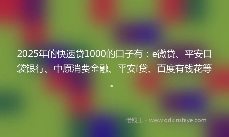 2025年的快速贷1000的口子有：e微贷、平安口袋银行、中原消费金融、平安i贷、百度有钱花等。