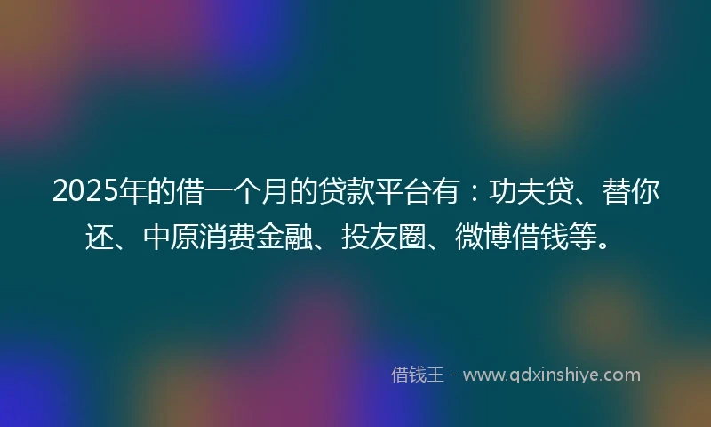 2025年的借一个月的贷款平台有：功夫贷、替你还、中原消费金融、投友圈、微博借钱等。