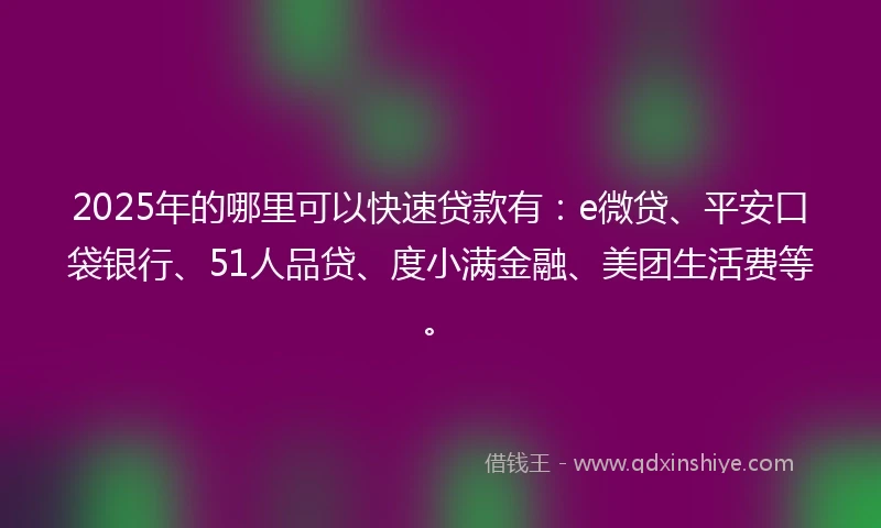 2025年的哪里可以快速贷款有：e微贷、平安口袋银行、51人品贷、度小满金融、美团生活费等。