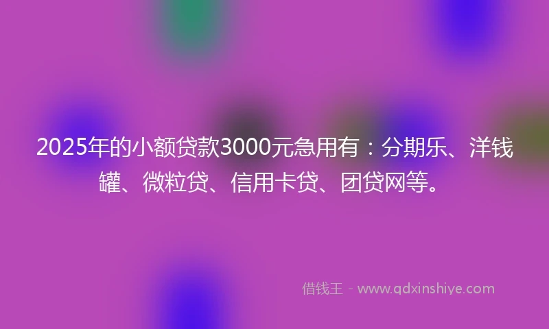 2025年的小额贷款3000元急用有：分期乐、洋钱罐、微粒贷、信用卡贷、团贷网等。