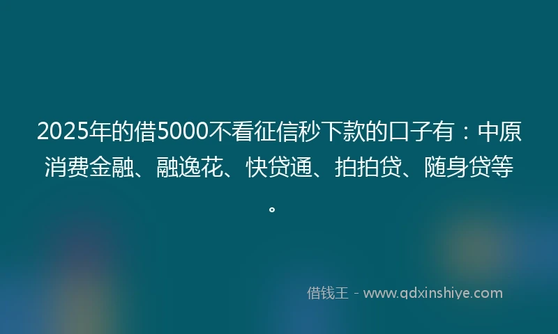 2025年的借5000不看征信秒下款的口子有：中原消费金融、融逸花、快贷通、拍拍贷、随身贷等。