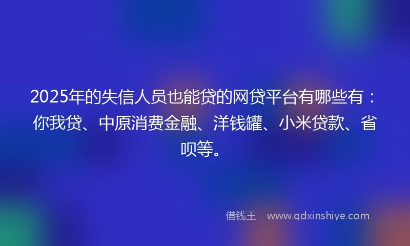 2025年的失信人员也能贷的网贷平台有哪些有：你我贷、中原消费金融、洋钱罐、小米贷款、省呗等。