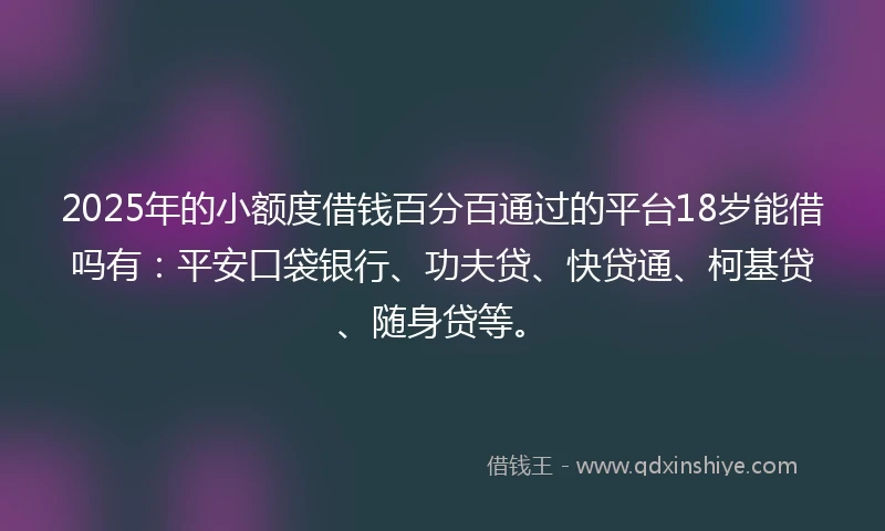 2025年的小额度借钱百分百通过的平台18岁能借吗有：平安口袋银行、功夫贷、快贷通、柯基贷、随身贷等。