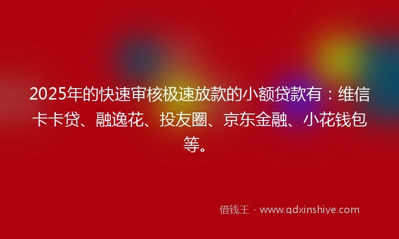 2025年的快速审核极速放款的小额贷款有：维信卡卡贷、融逸花、投友圈、京东金融、小花钱包等。