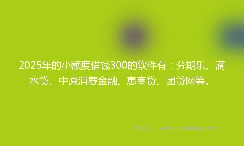 2025年的小额度借钱300的软件有：分期乐、滴水贷、中原消费金融、惠商贷、团贷网等。