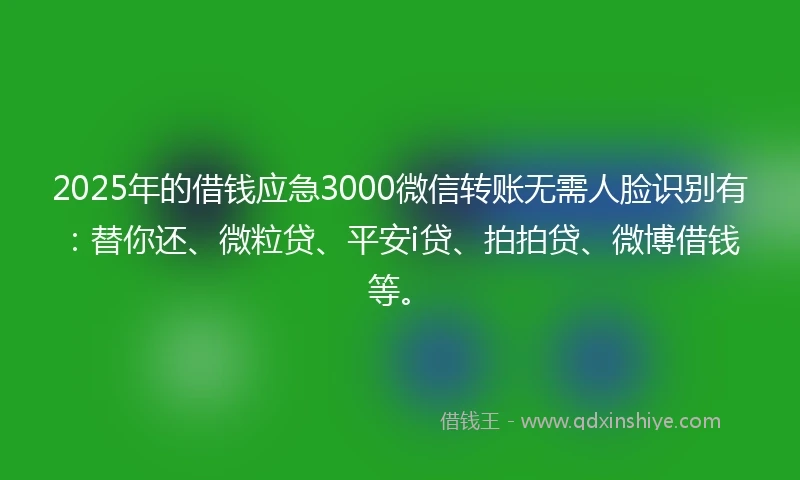 2025年的借钱应急3000微信转账无需人脸识别有：替你还、微粒贷、平安i贷、拍拍贷、微博借钱等。