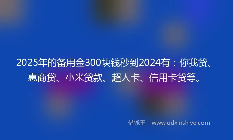 2025年的备用金300块钱秒到2024有：你我贷、惠商贷、小米贷款、超人卡、信用卡贷等。