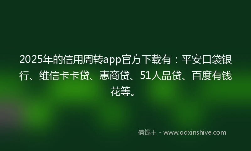2025年的信用周转app官方下载有：平安口袋银行、维信卡卡贷、惠商贷、51人品贷、百度有钱花等。