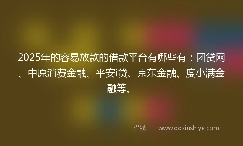 2025年的容易放款的借款平台有哪些有：团贷网、中原消费金融、平安i贷、京东金融、度小满金融等。