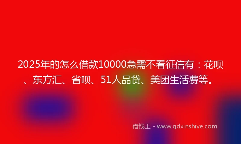 2025年的怎么借款10000急需不看征信有：花呗、东方汇、省呗、51人品贷、美团生活费等。
