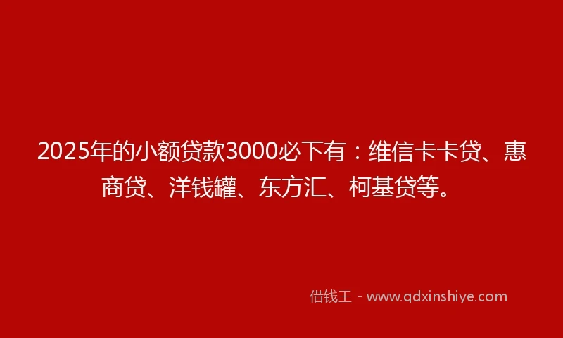 2025年的小额贷款3000必下有：维信卡卡贷、惠商贷、洋钱罐、东方汇、柯基贷等。