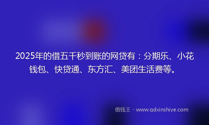 2025年的借五千秒到账的网贷有：分期乐、小花钱包、快贷通、东方汇、美团生活费等。