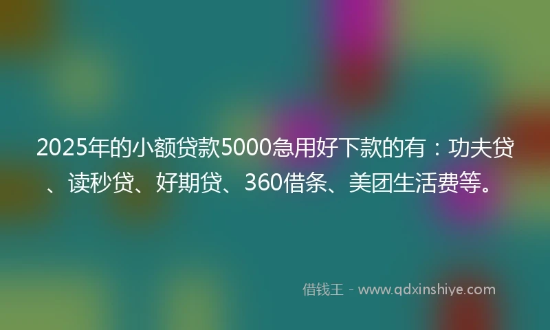 2025年的小额贷款5000急用好下款的有：功夫贷、读秒贷、好期贷、360借条、美团生活费等。