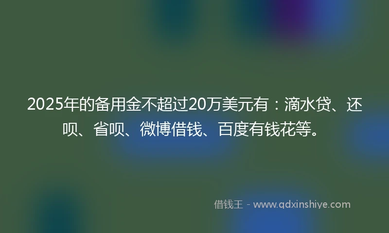2025年的备用金不超过20万美元有：滴水贷、还呗、省呗、微博借钱、百度有钱花等。