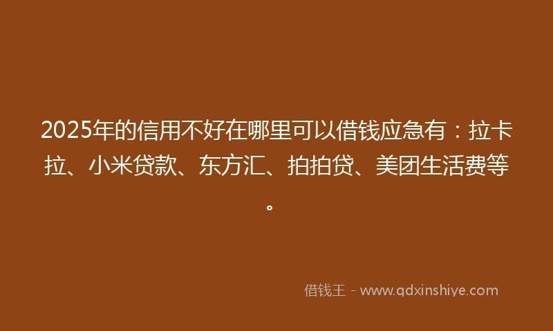2025年的信用不好在哪里可以借钱应急有：拉卡拉、小米贷款、东方汇、拍拍贷、美团生活费等。