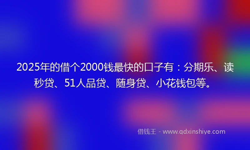 2025年的借个2000钱最快的口子有：分期乐、读秒贷、51人品贷、随身贷、小花钱包等。