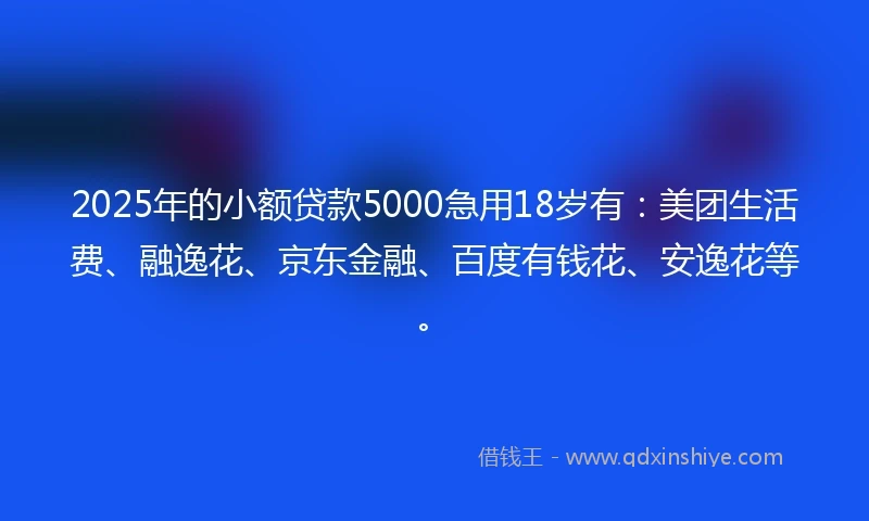 2025年的小额贷款5000急用18岁有：美团生活费、融逸花、京东金融、百度有钱花、安逸花等。
