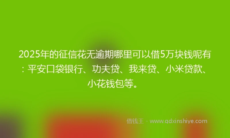 2025年的征信花无逾期哪里可以借5万块钱呢有：平安口袋银行、功夫贷、我来贷、小米贷款、小花钱包等。