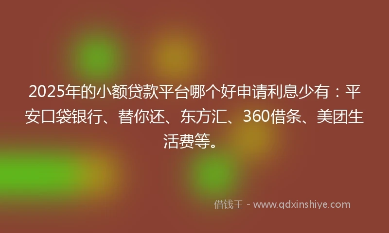2025年的小额贷款平台哪个好申请利息少有：平安口袋银行、替你还、东方汇、360借条、美团生活费等。
