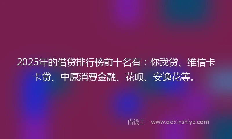 2025年的借贷排行榜前十名有：你我贷、维信卡卡贷、中原消费金融、花呗、安逸花等。