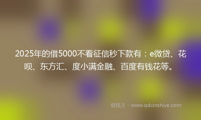 2025年的借5000不看征信秒下款有：e微贷、花呗、东方汇、度小满金融、百度有钱花等。
