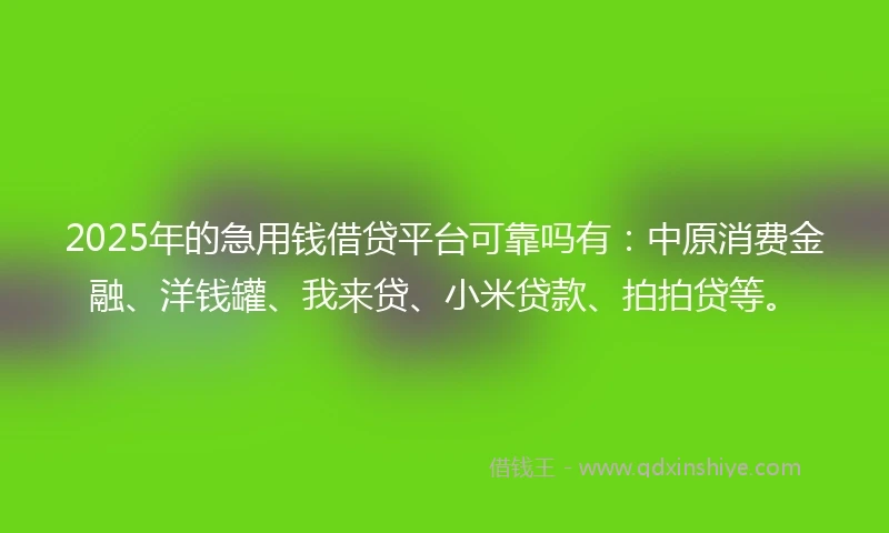 2025年的急用钱借贷平台可靠吗有：中原消费金融、洋钱罐、我来贷、小米贷款、拍拍贷等。