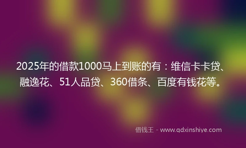2025年的借款1000马上到账的有：维信卡卡贷、融逸花、51人品贷、360借条、百度有钱花等。