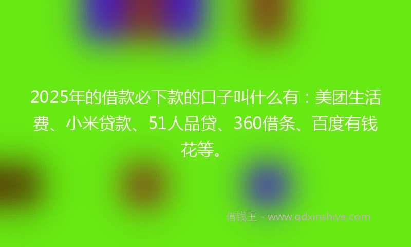 2025年的借款必下款的口子叫什么有：美团生活费、小米贷款、51人品贷、360借条、百度有钱花等。