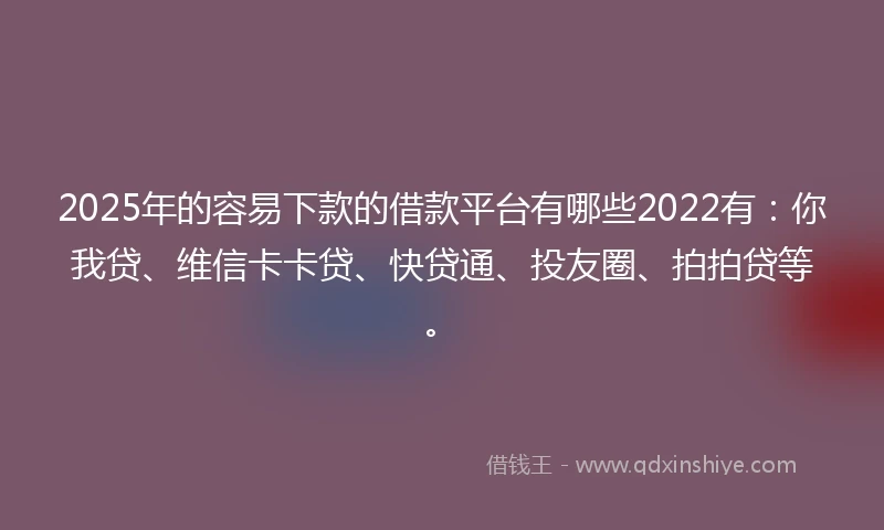 2025年的容易下款的借款平台有哪些2022有：你我贷、维信卡卡贷、快贷通、投友圈、拍拍贷等。