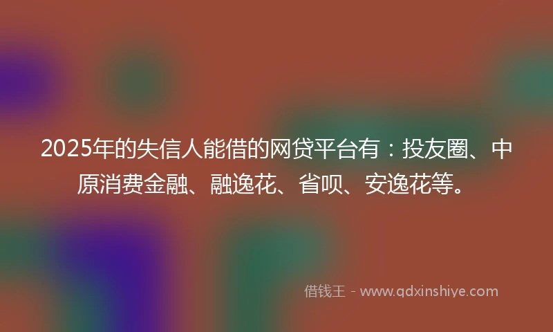 2025年的失信人能借的网贷平台有：投友圈、中原消费金融、融逸花、省呗、安逸花等。