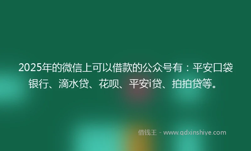 2025年的微信上可以借款的公众号有：平安口袋银行、滴水贷、花呗、平安i贷、拍拍贷等。