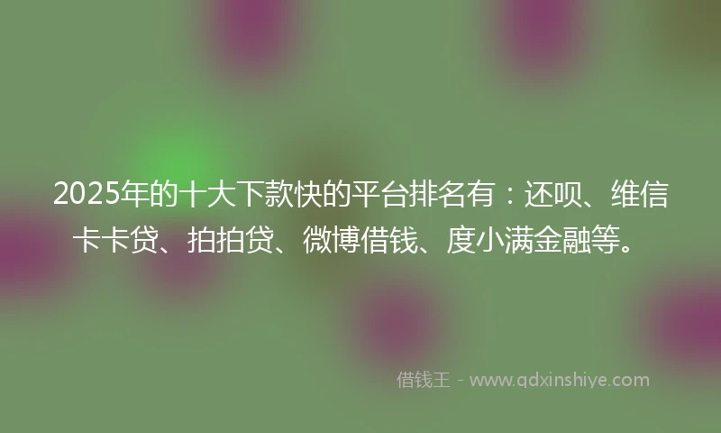 2025年的十大下款快的平台排名有：还呗、维信卡卡贷、拍拍贷、微博借钱、度小满金融等。