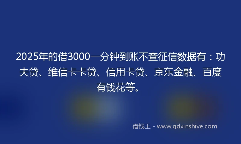 2025年的借3000一分钟到账不查征信数据有：功夫贷、维信卡卡贷、信用卡贷、京东金融、百度有钱花等。